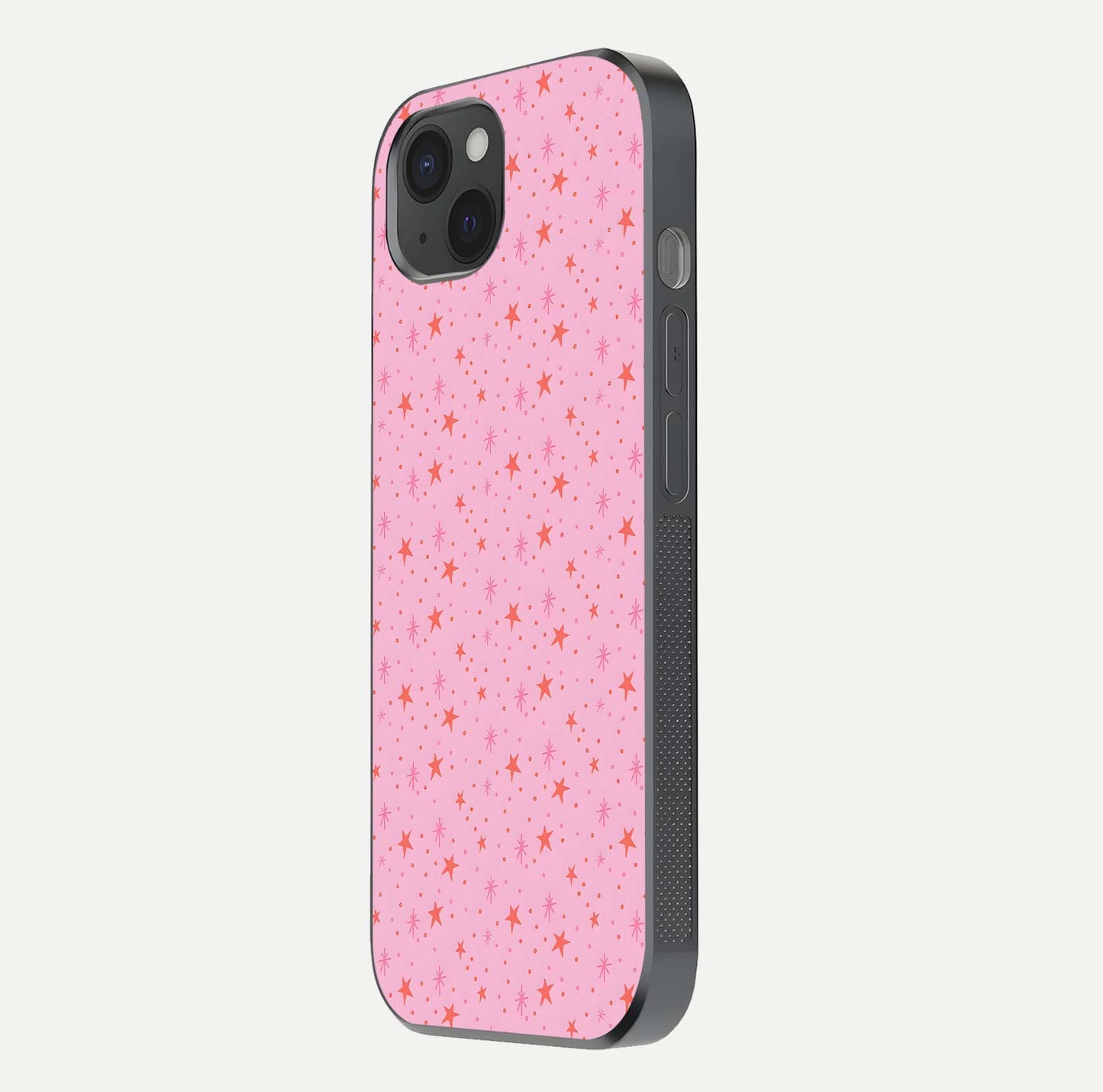 Cosmic Pink Sparkle iPhone 15 Plus glass phone case side profile view focusing on sleek edges and seamless wrap