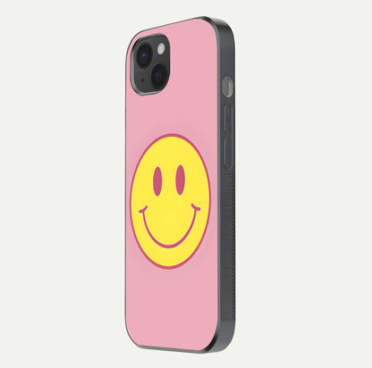 Happy Pink Mood iPhone 15 Plus glass phone case side profile view focusing on smooth frame and clean wrap