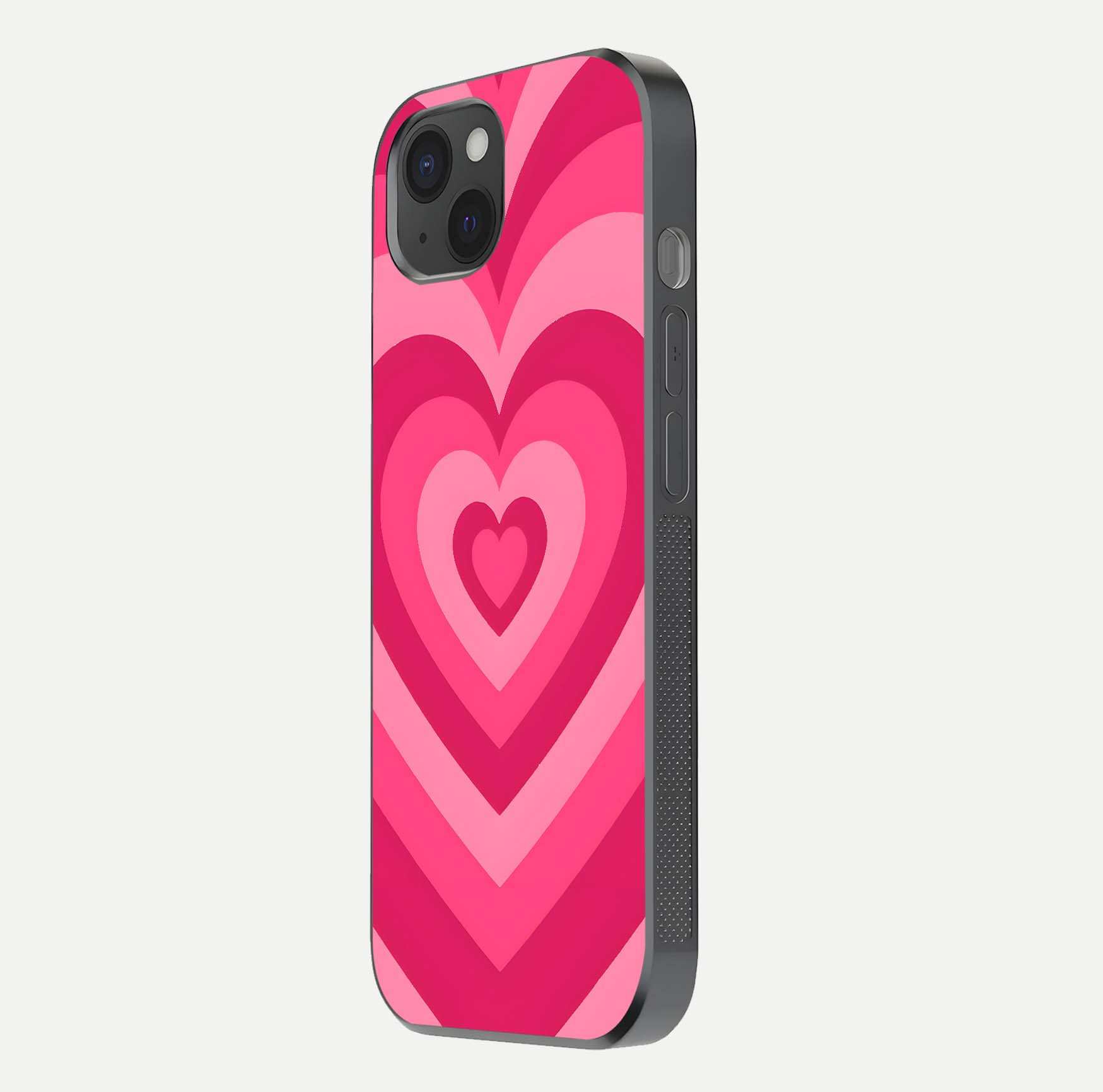 Layered Love Hearts iPhone 15 Plus glass phone case side profile view focusing on sleek edges and seamless wrap