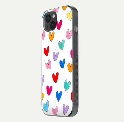 Playful Love Doodles iPhone 15 Plus glass phone case side profile view focusing on smooth frame and seamless wrap