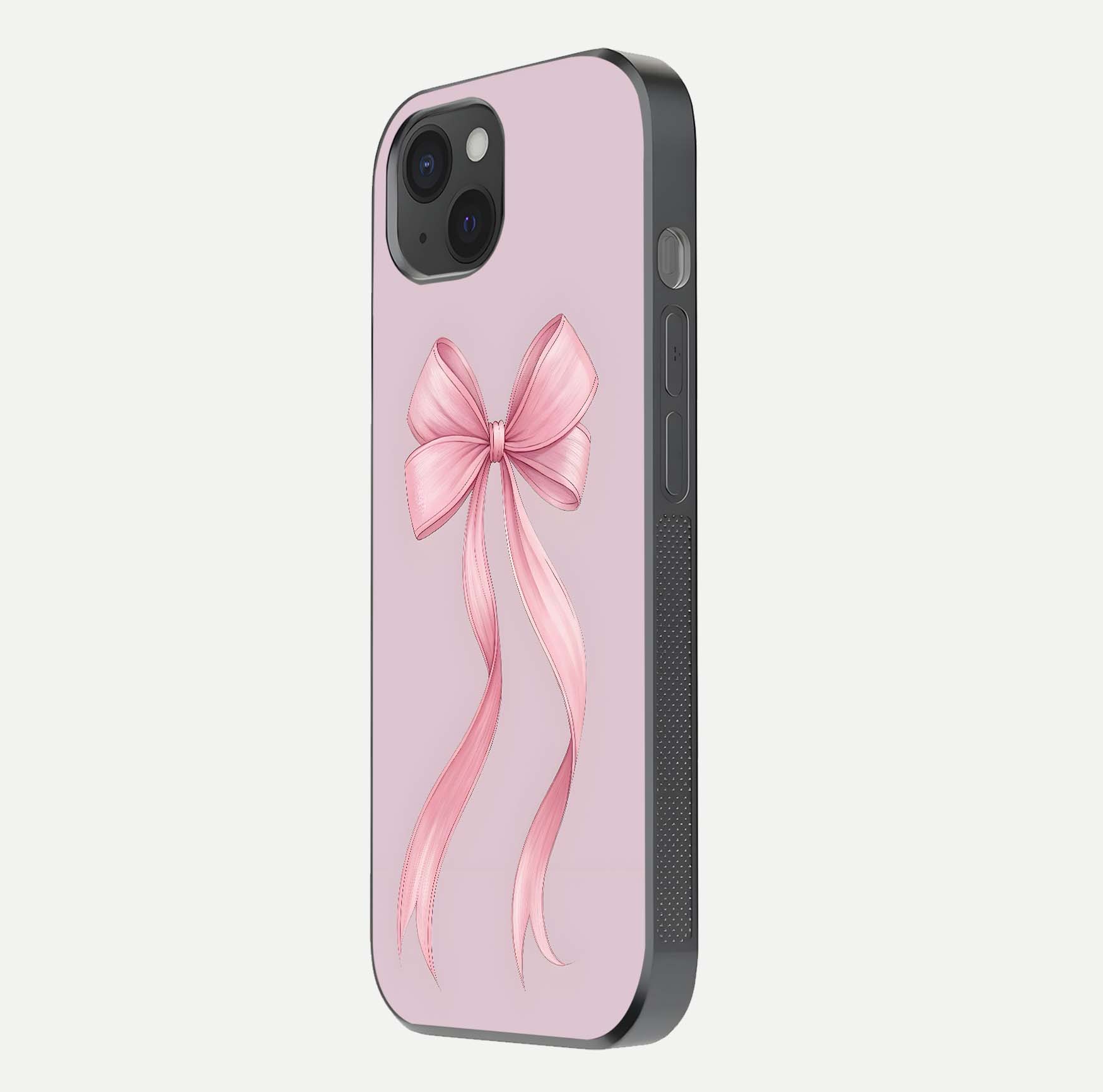 Soft Blush Bow iPhone 15 Plus glass phone case side profile view focusing on sleek edges and seamless wrap