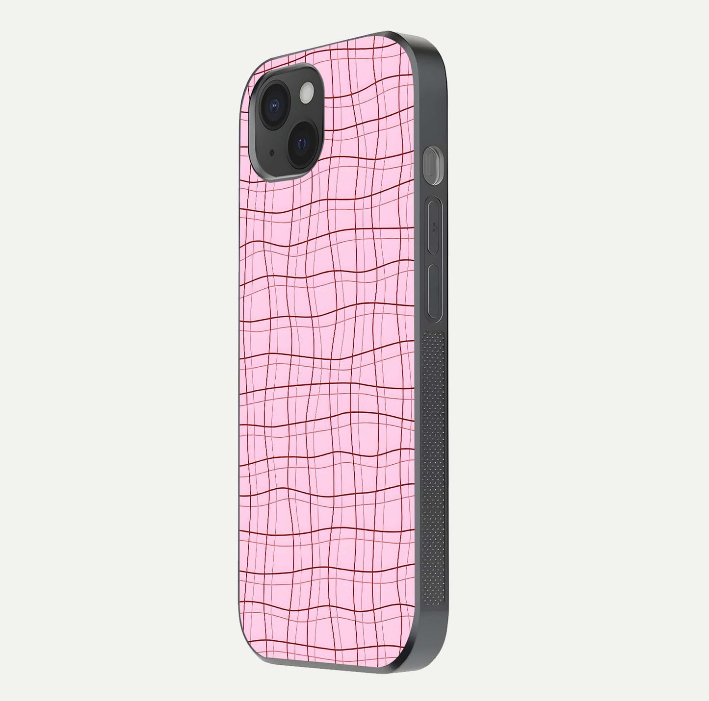 Soft Grid Bliss iPhone 15 Plus glass phone case side profile view focusing on sleek edges and seamless wrap