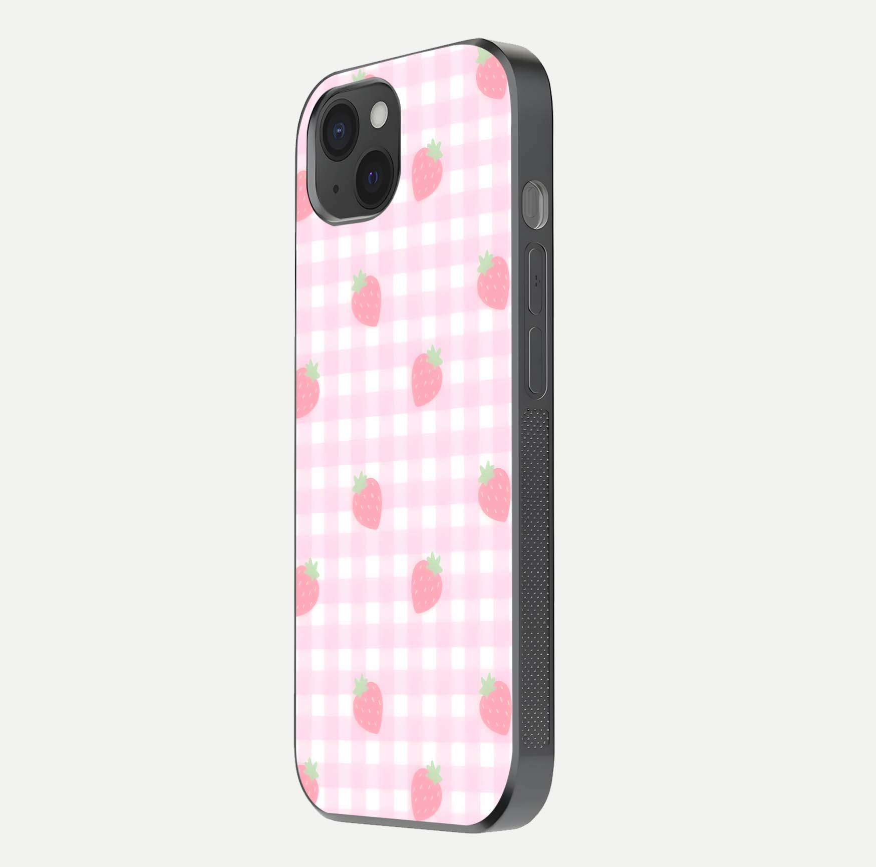 Strawberry Picnic Love iPhone 15 Plus glass phone case side profile view focusing on smooth frame and seamless wrap