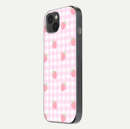 Strawberry Picnic Love iPhone 15 Plus glass phone case side profile view focusing on smooth frame and seamless wrap