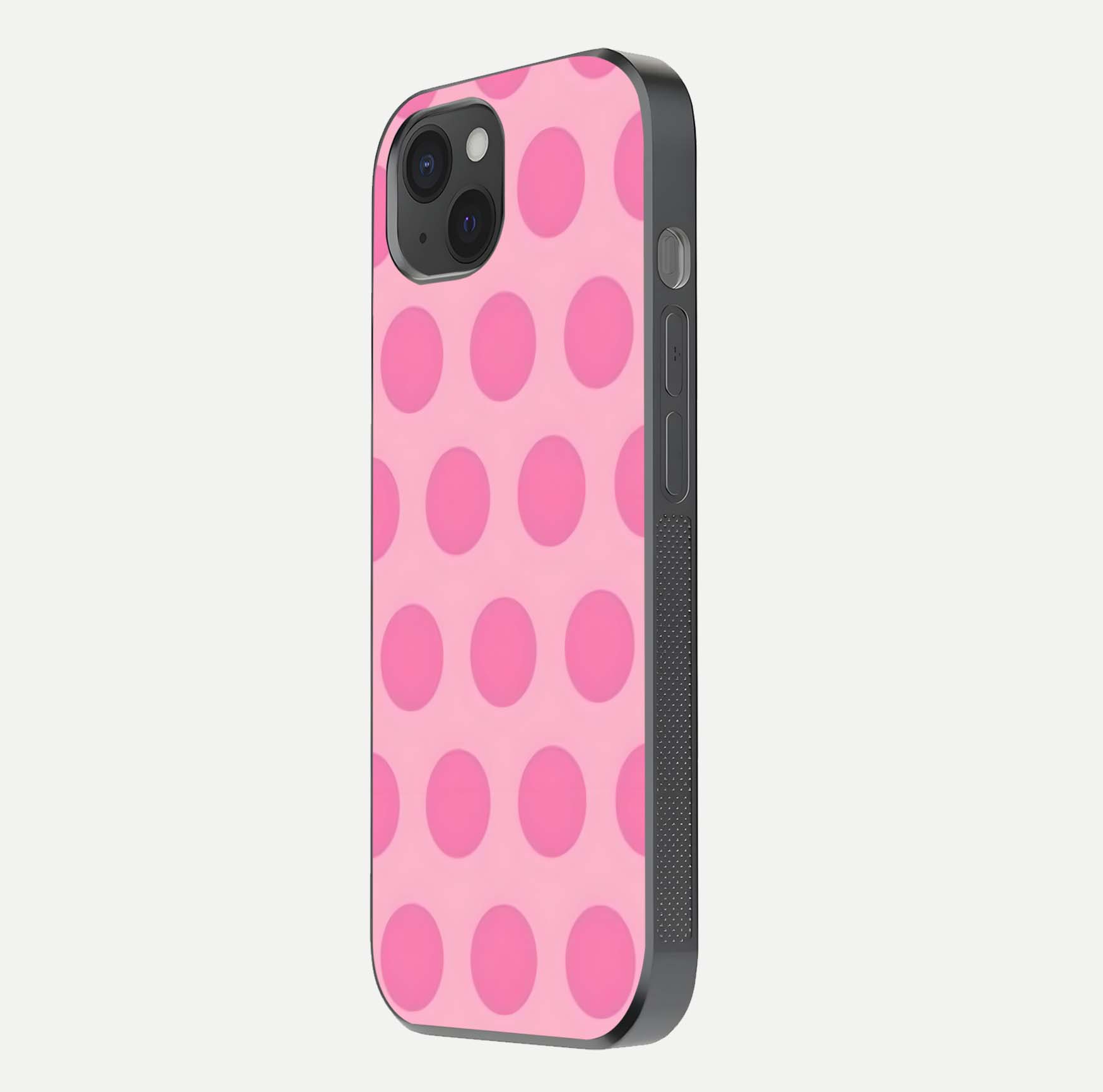 Sweet Dot Dreams iPhone 15 Plus glass phone case side profile view focusing on sleek edges and seamless wrap