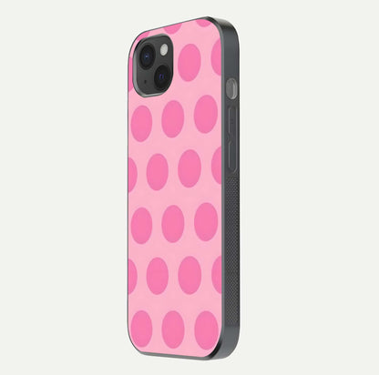 Sweet Dot Dreams iPhone 15 Plus glass phone case side profile view focusing on sleek edges and seamless wrap