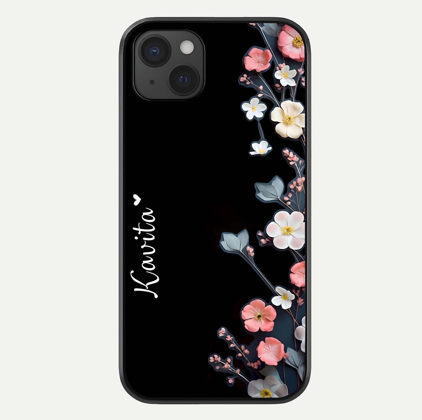 Black Elegance Floral Custom Name Glass Case For iPhone 15 Plus by Custom World