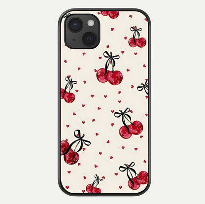 Cherry Heart Bow Glass Case For iPhone 15 Plus by Custom World