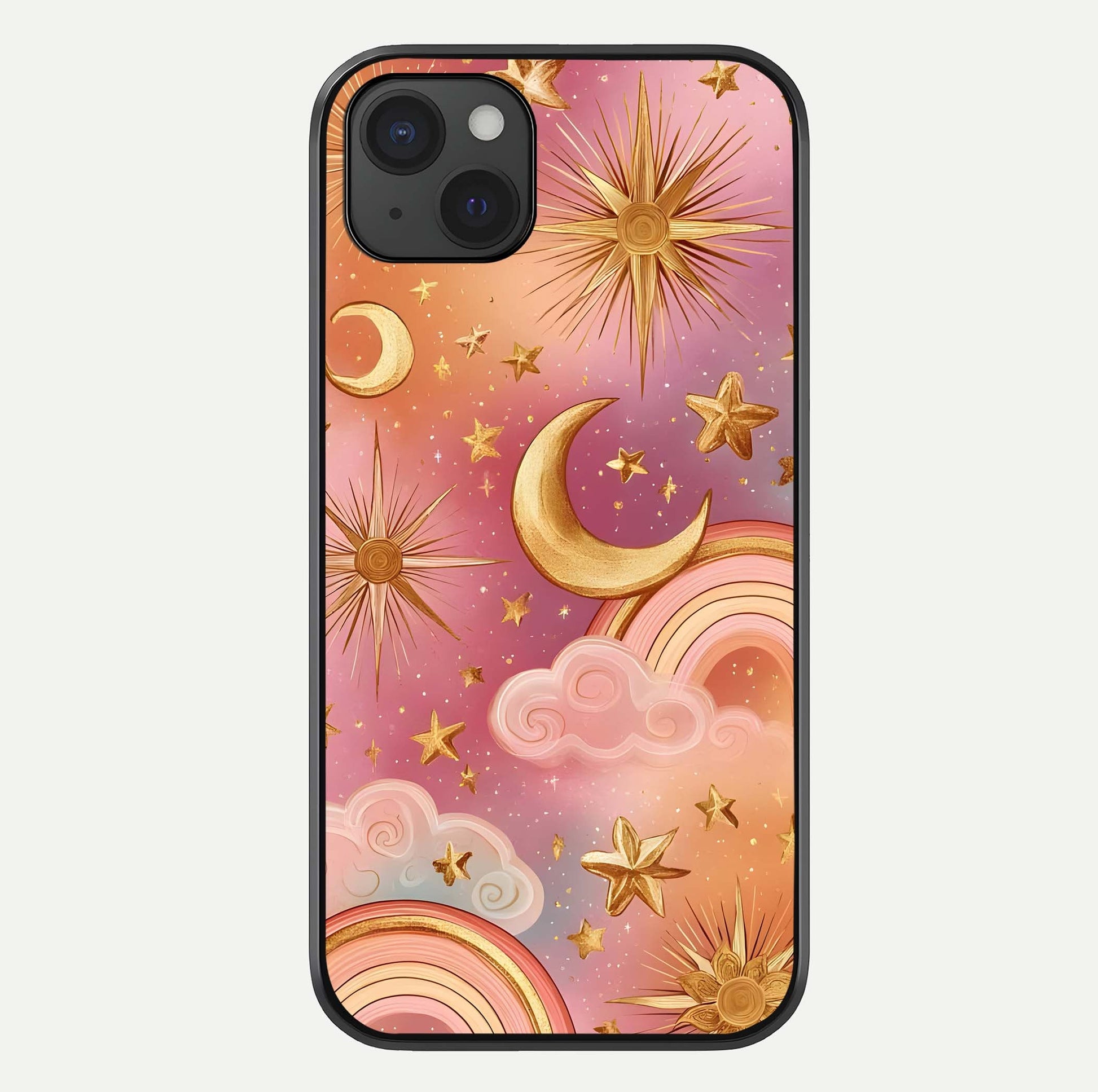 Golden Celestial Dreams Glass Case For iPhone 15 Plus by Custom World