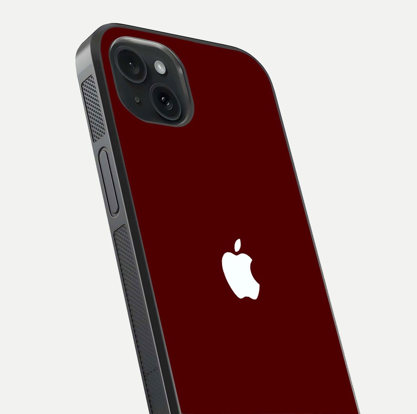 Apple Crimson Core Glass Case for iPhone 15 Plus close-up angle showing deep crimson tone and HD glass reflection