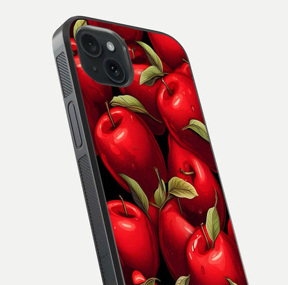 Apple Pattern Glass Case for iPhone 15 Plus close-up angle showing pattern texture and shine reflection