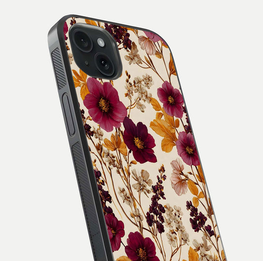 Autumn Wine Bloom Glass Case for iPhone 15 Plus close-up highlighting petal detail and gloss reflection