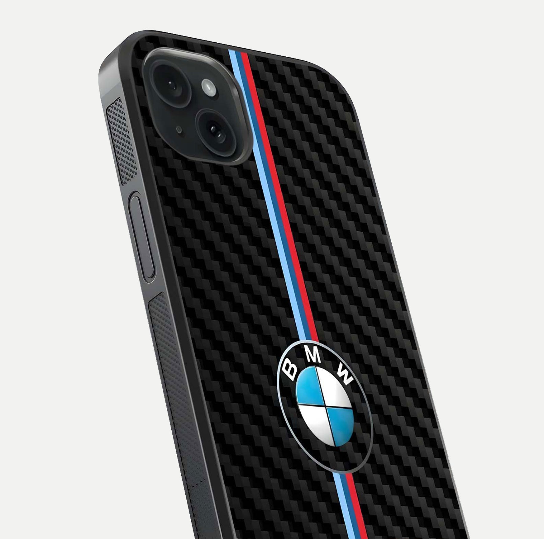 BMW Pattern Glass Case for iPhone 15 Plus close-up angle showing BMW logo detailing and high-reflect gloss texture