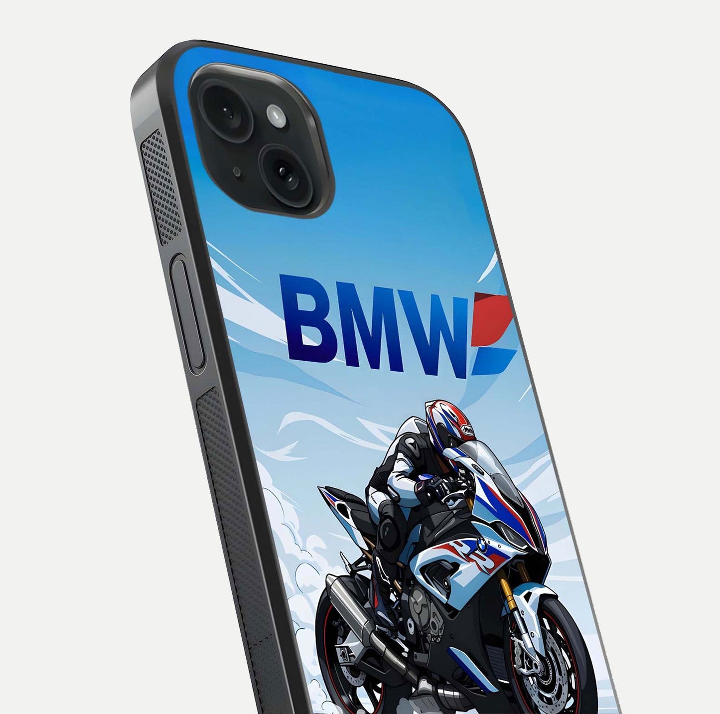BMW Power Drift Glass Case for iPhone 15 Plus close-up view highlighting motion streaks and gloss shine