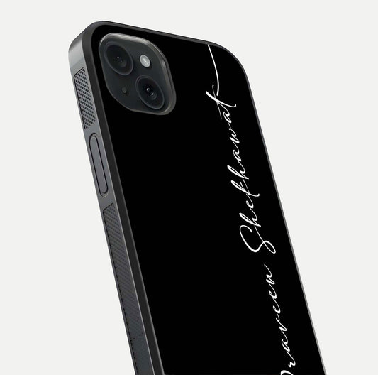 Black Tune Custom Name Glass Case for iPhone 15 Plus close-up shot highlighting sleek monochrome design and reflection