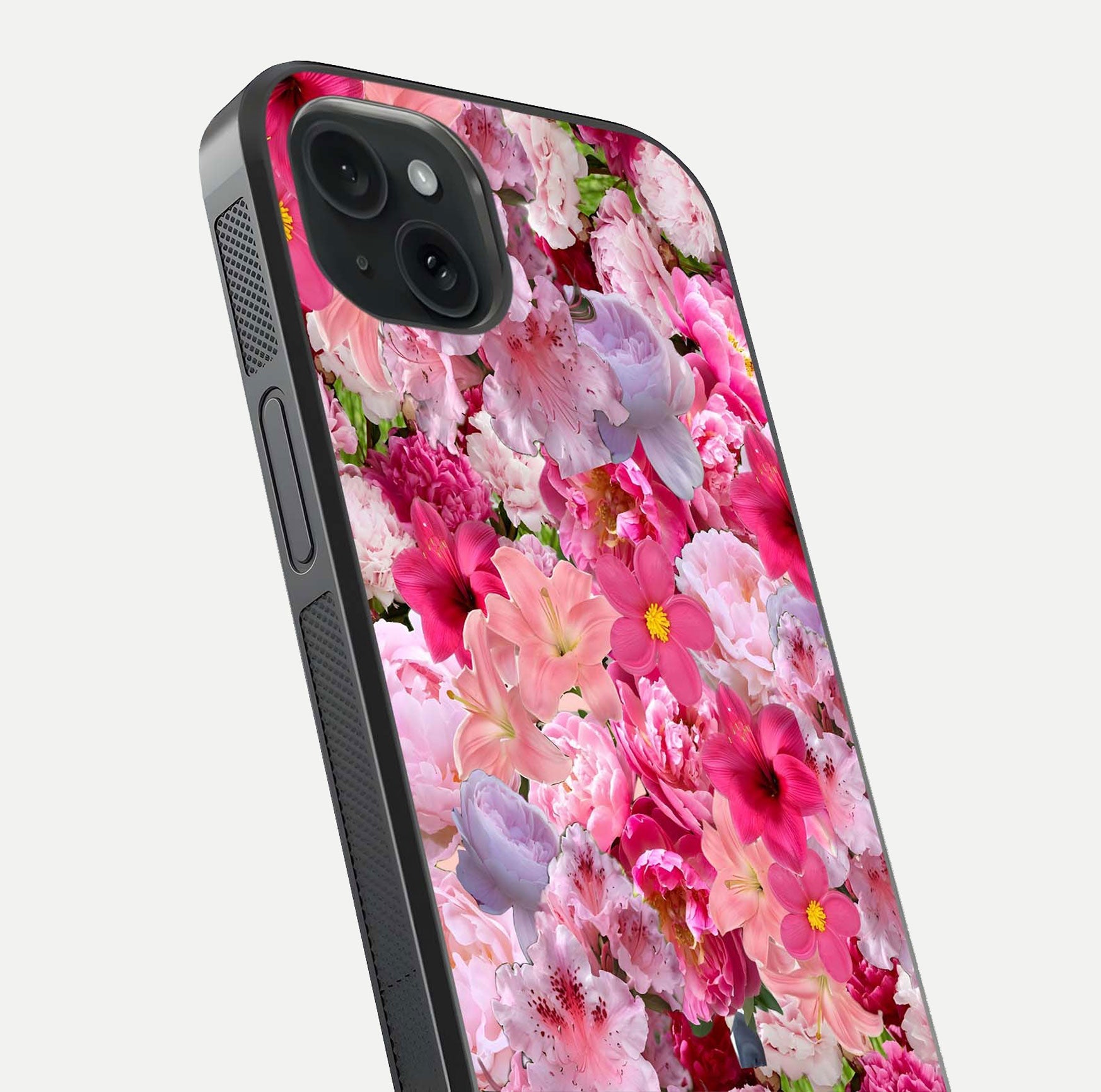 Bloom Crush Fantasy Glass Case for iPhone 15 Plus close-up image showing color gradient and petal detailing