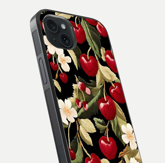 Bloom Thread Art Glass Case for iPhone 15 Plus close-up view highlighting fine line details and glossy shine