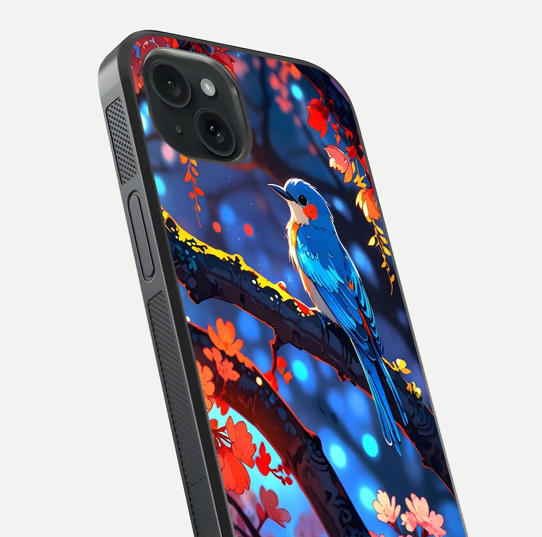 Blooming Spendor Bird Glass Case for iPhone 15 Plus close-up shot highlighting bird design details and glossy shine