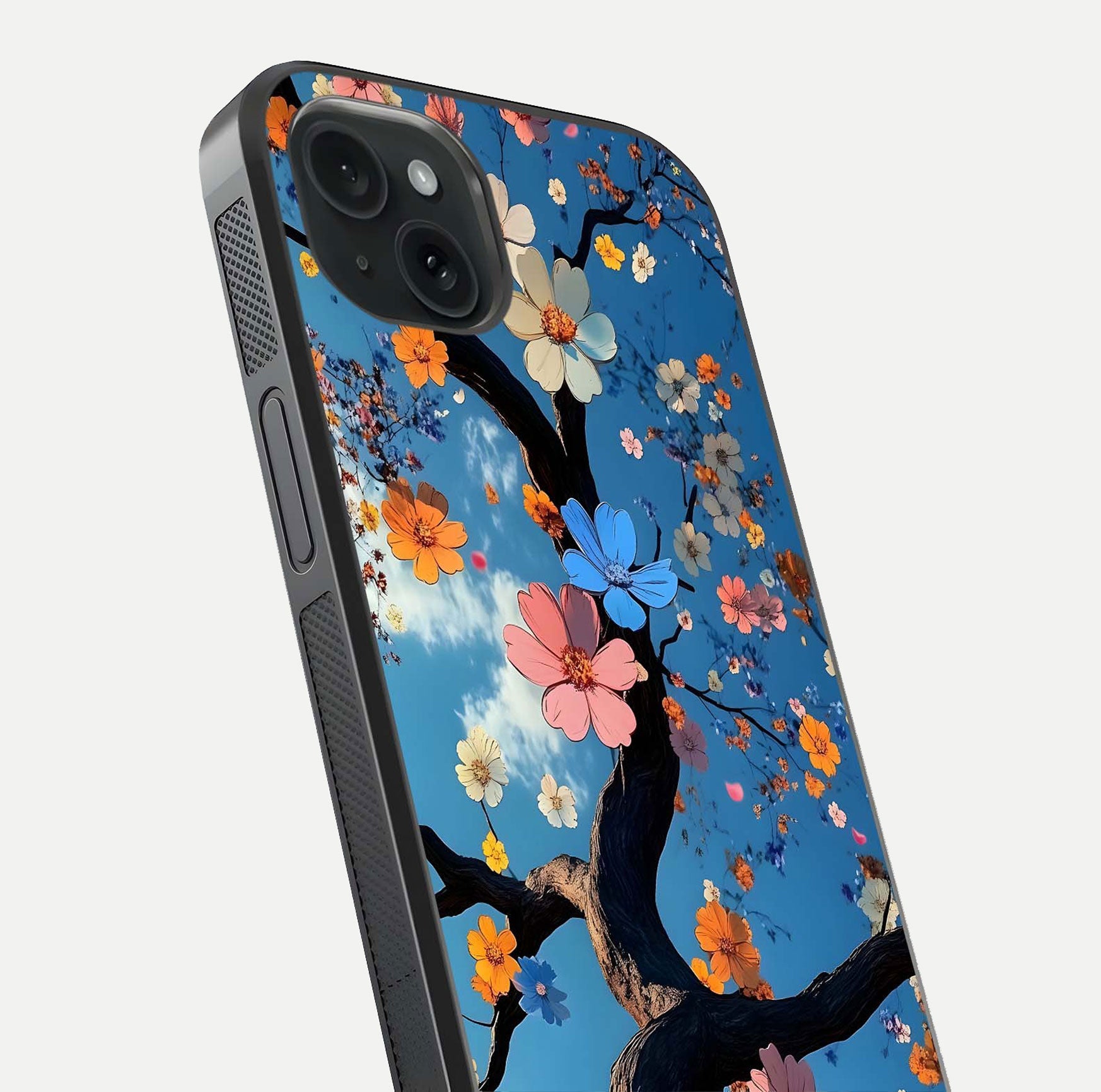Blossom Dream Sky Glass Case for iPhone 15 Plus close-up shot highlighting dreamlike clouds and pink blossoms