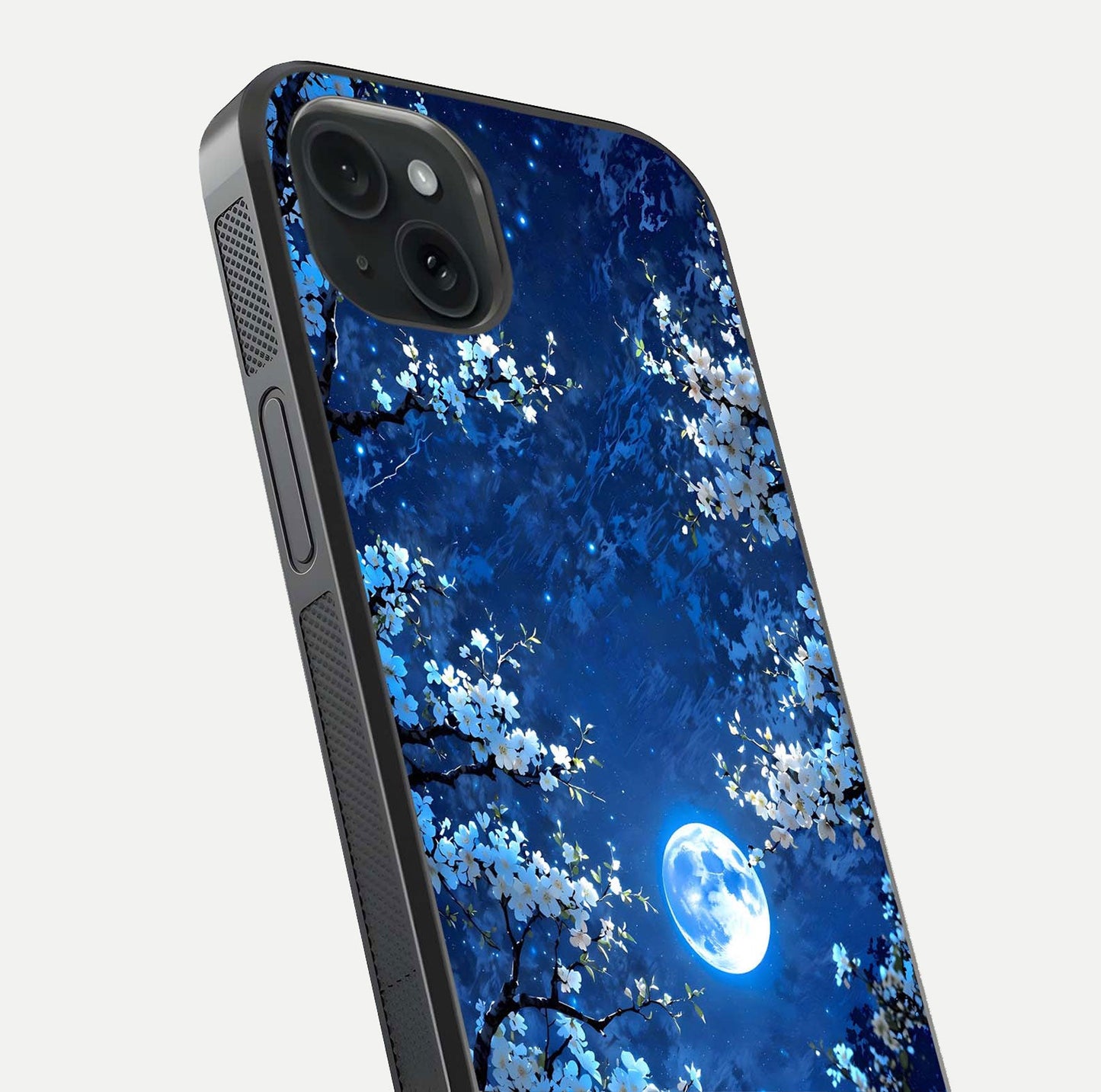 Blossom Moonlight Sky Glass Case for iPhone 15 Plus close-up angle capturing moon glow and flower detail reflections