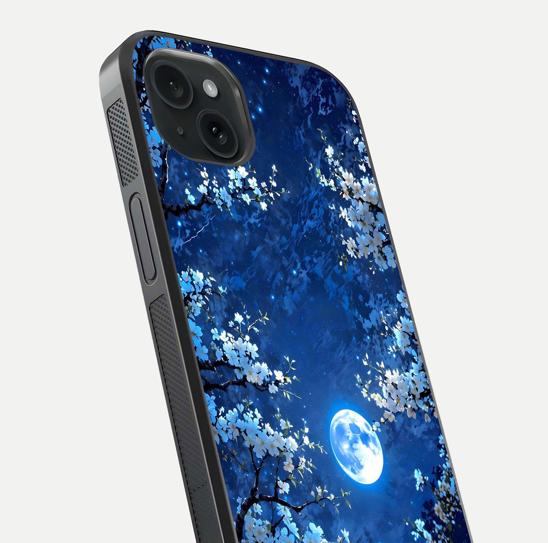 Blossom Moonlight Sky Glass Case for iPhone 15 Plus close-up angle capturing moon glow and flower detail reflections