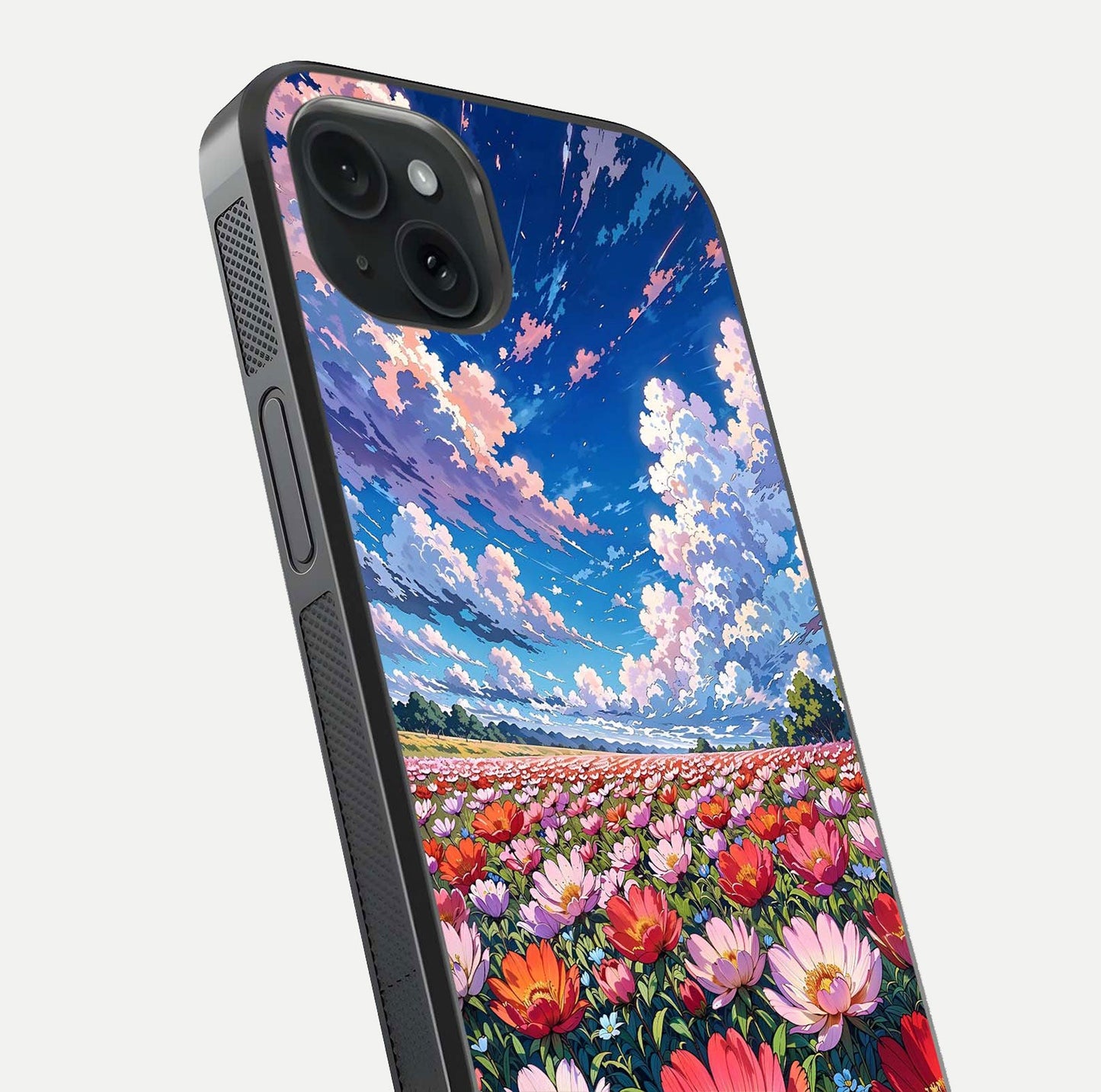 Blossom Sky Field Glass Case for iPhone 15 Plus close-up image showing petal patterns and subtle sky gradient
