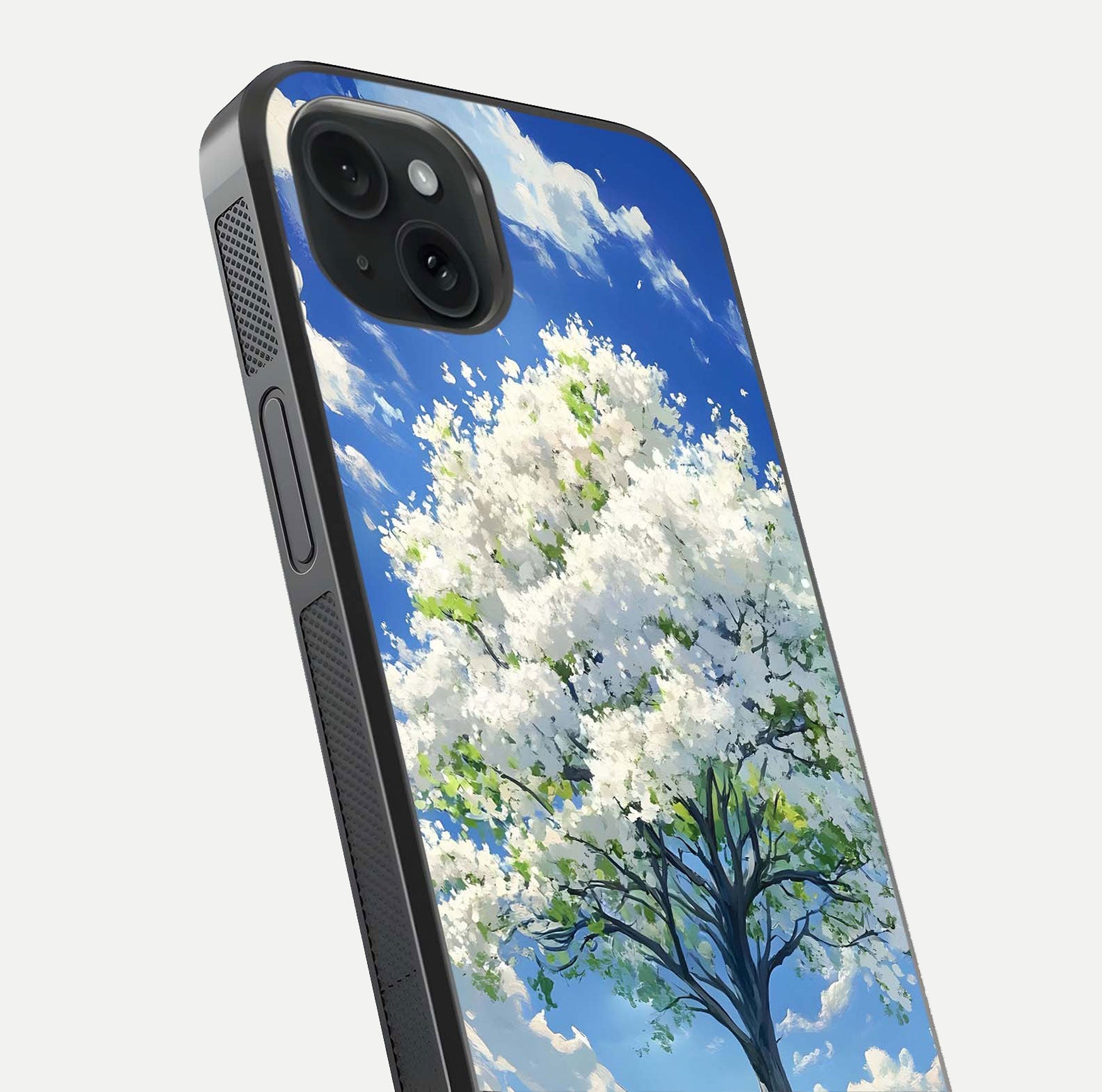 Blossom Sky Serenity Glass Case for iPhone 15 Plus close-up highlighting calming flower details and reflection gloss