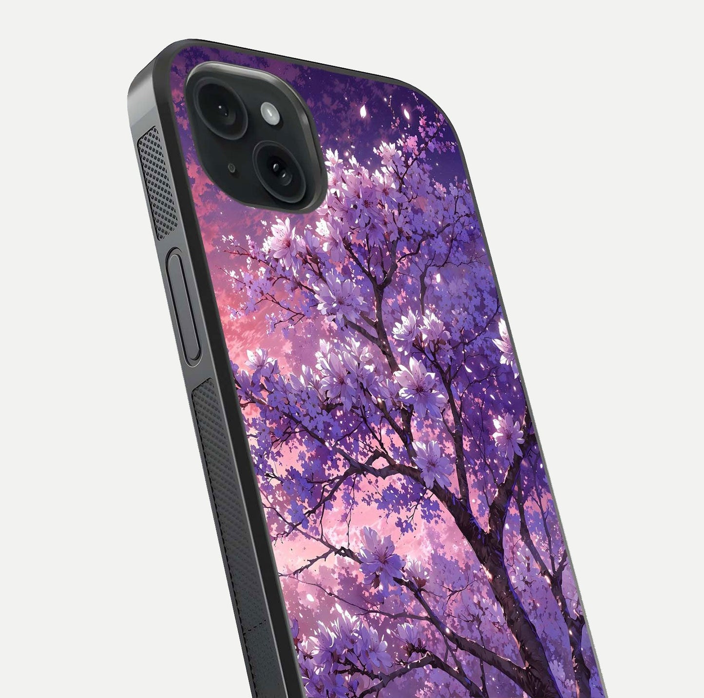 Blossom Tree Glass Case for iPhone 15 Plus close-up image highlighting tree branches, blossoms, and shine