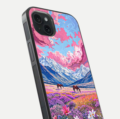 Blossom Valley Dream Glass Case for iPhone 15 Plus close-up view showing detailed flower print and pastel hues