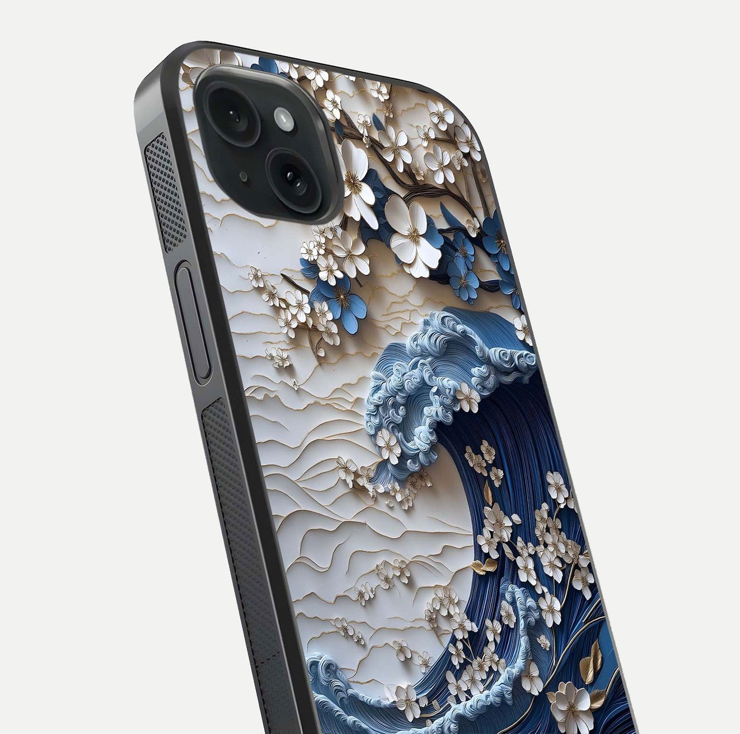 Blossom Wave Art Glass Case for iPhone 15 Plus close-up shot highlighting wave motion in floral art and reflection