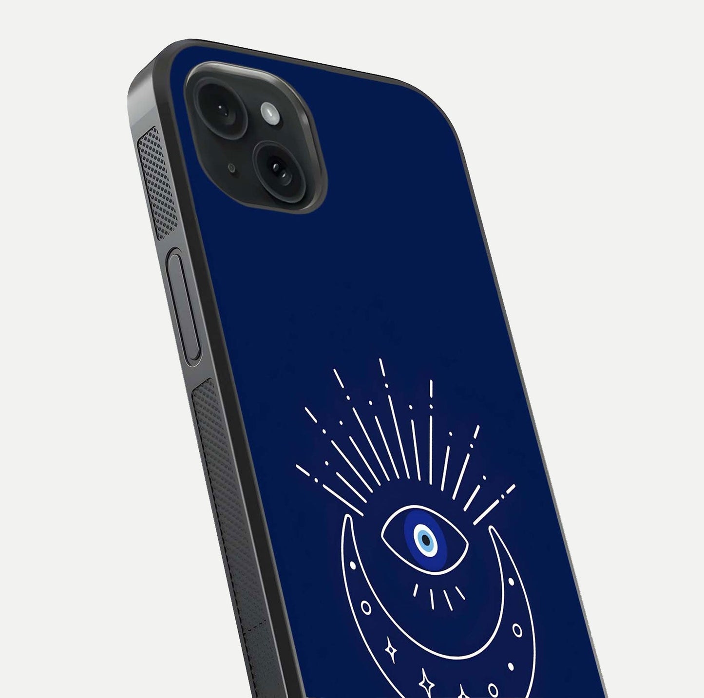 Blue Evil Eye Glass Case for iPhone 15 Plus close-up shot highlighting eye motif, protection symbol, and glass shine