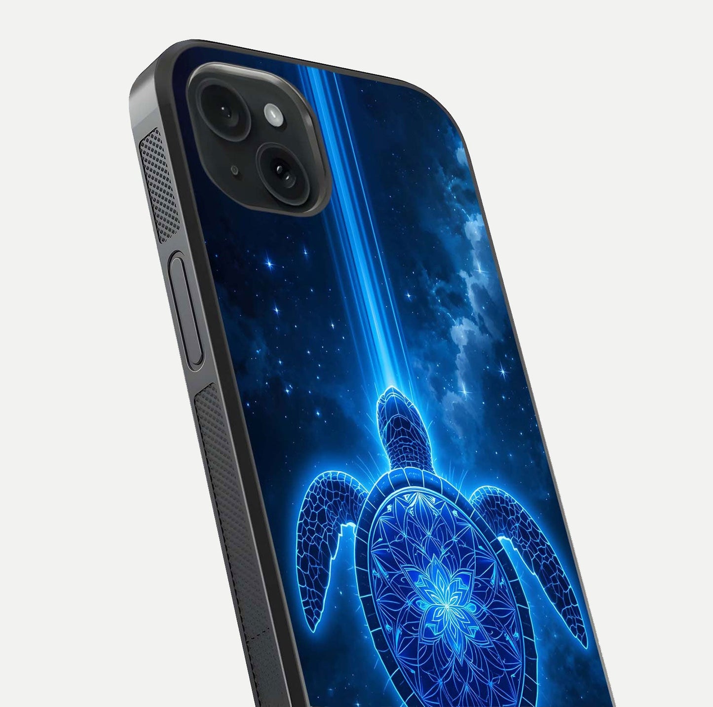 Blue Galaxy Turtle Glass Case for iPhone 15 Plus close-up image showing turtle shell detail and glowing galaxy tones