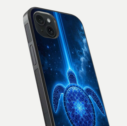 Blue Galaxy Turtle Glass Case for iPhone 15 Plus close-up image showing turtle shell detail and glowing galaxy tones