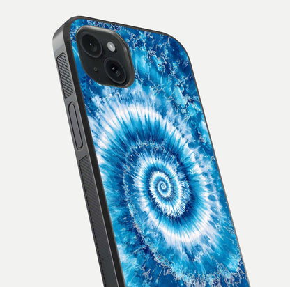 Blue Galaxy Wave Glass Case for iPhone 15 Plus close-up highlighting fluid wave motion and deep-blue reflection
