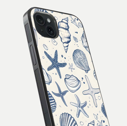 Blue Ocean Outline Glass Case for iPhone 15 Plus close-up shot highlighting line art details and reflection texture