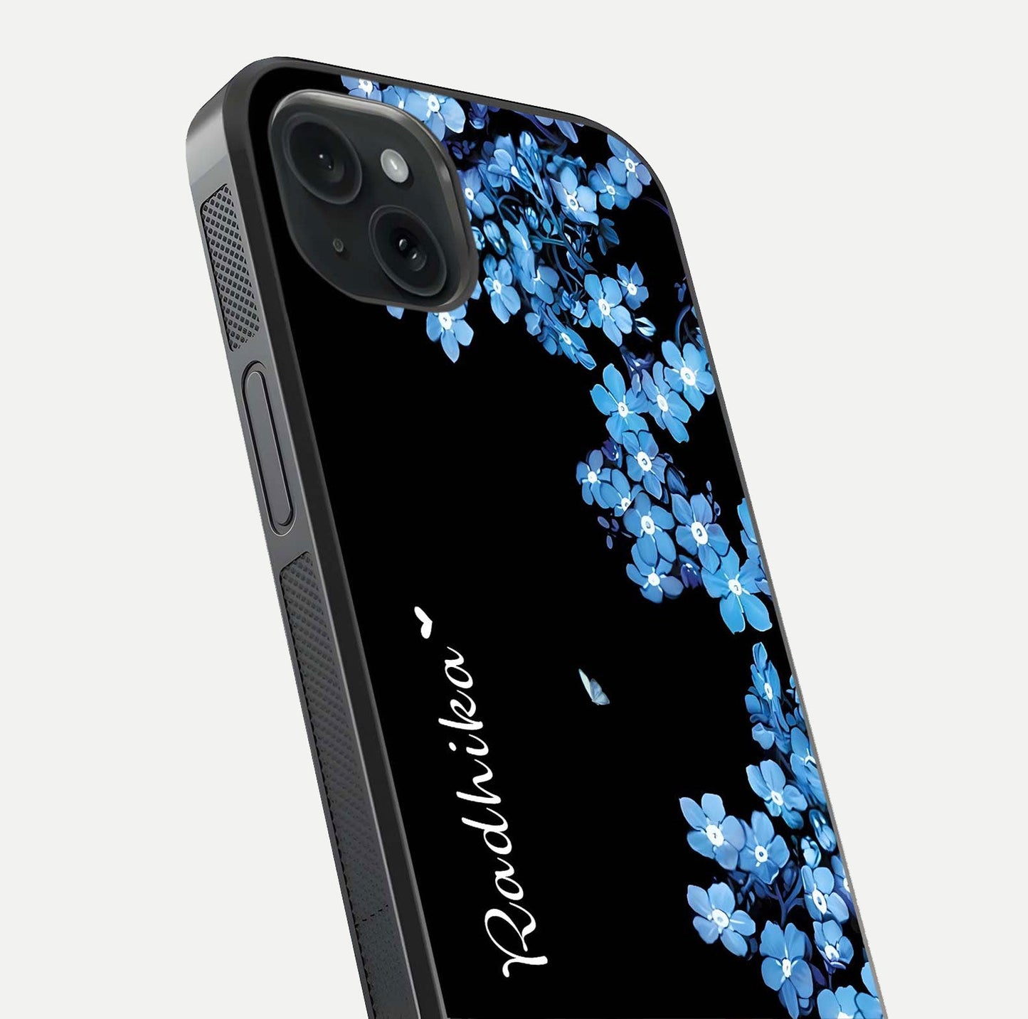 Blue Petal Dream Custom Name Glass Case for iPhone 15 Plus close-up highlighting petal texture and gloss reflection