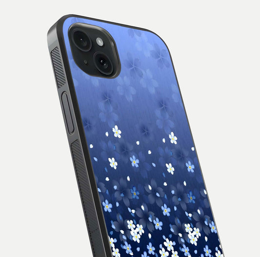 Blue Starry Glass Case for iPhone 15 Plus close-up image highlighting sparkle details and midnight blue gradient
