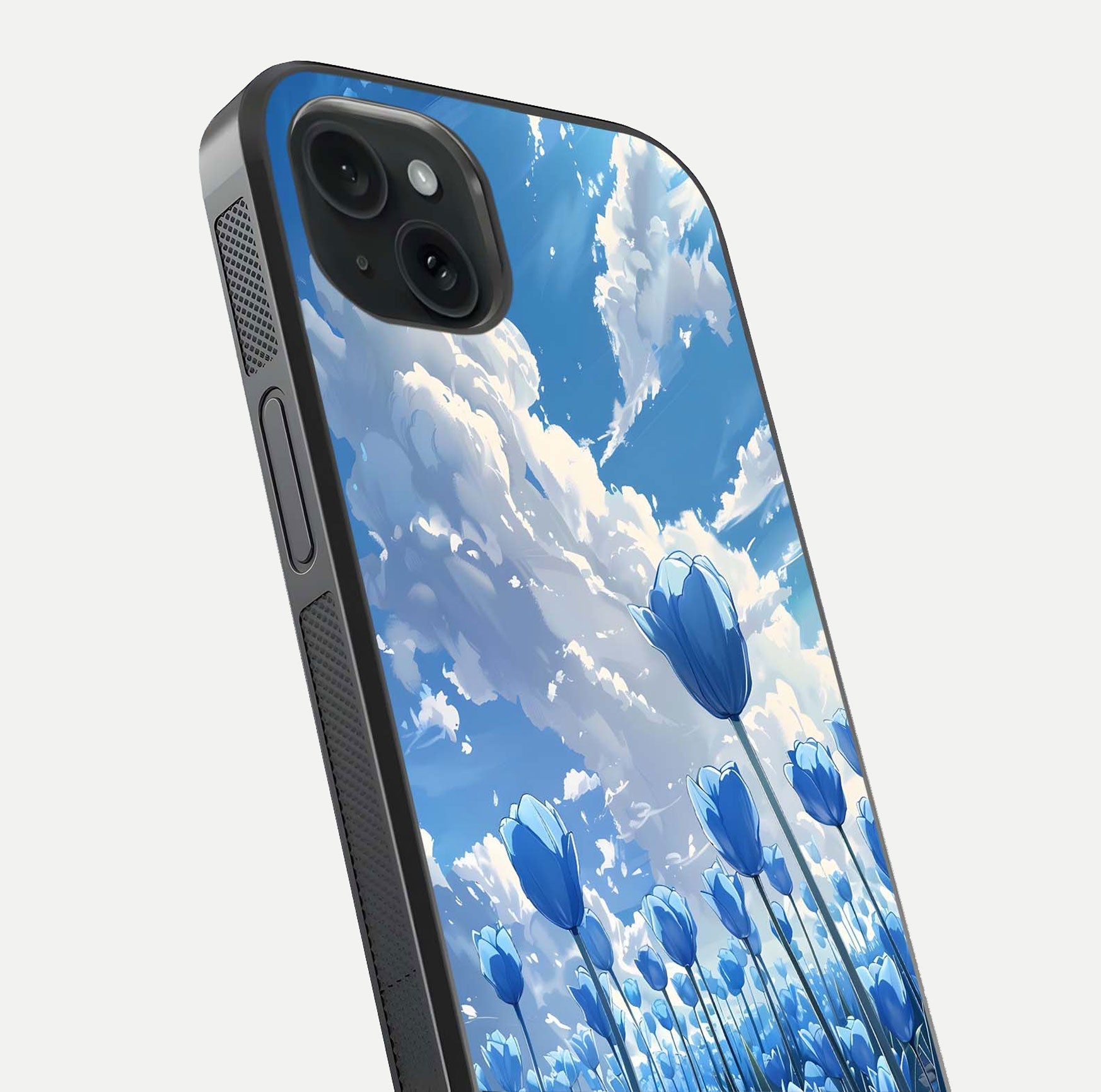 Blue Tulip Clouds Glass Case for iPhone 15 Plus close-up image highlighting tulip petals, clouds, and reflection texture