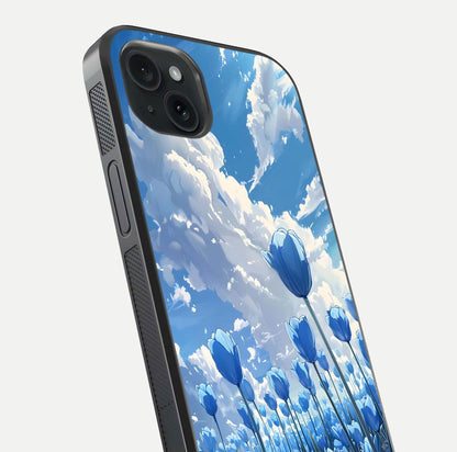 Blue Tulip Clouds Glass Case for iPhone 15 Plus close-up image highlighting tulip petals, clouds, and reflection texture