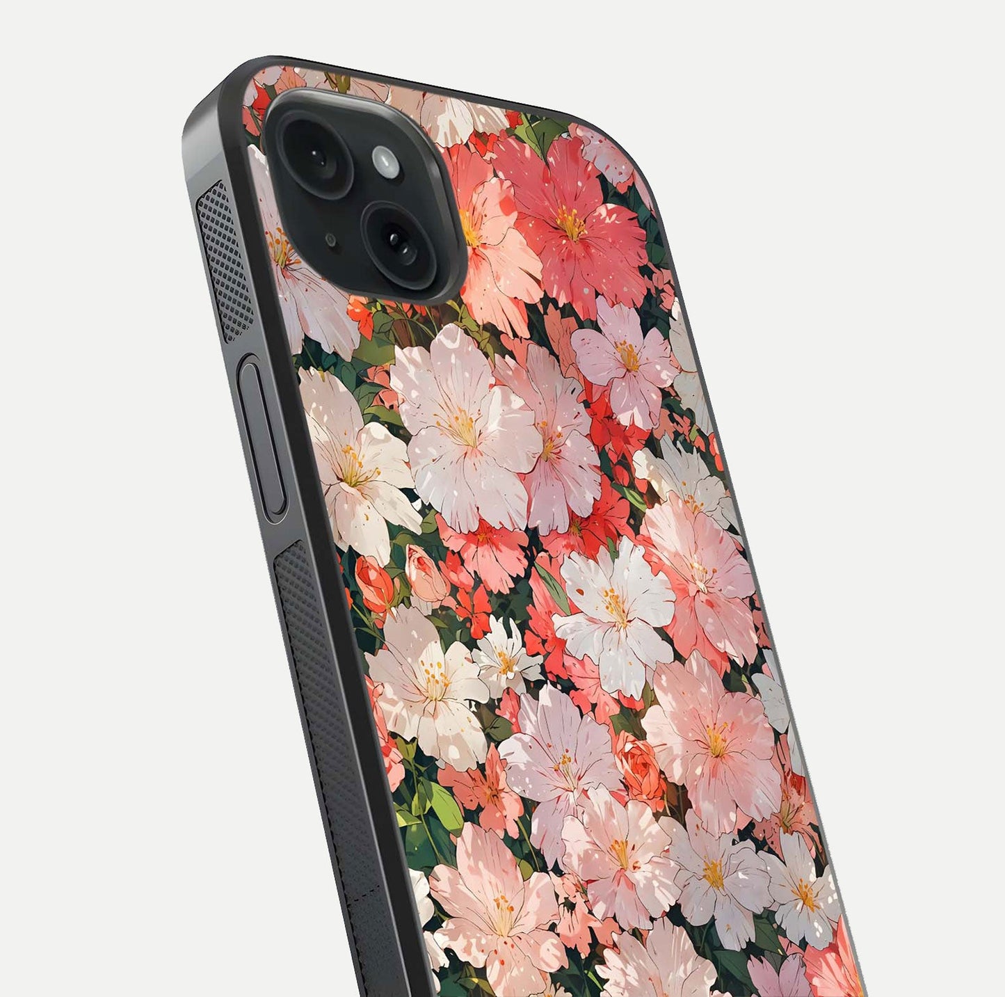 Blush Bloom Field Glass Case for iPhone 15 Plus close-up shot capturing pastel flower field tones and gloss shine