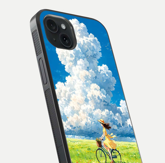 Breezy Meadow Ride Glass Case for iPhone 15 Plus close-up shot showing flowers and breezy motion texture