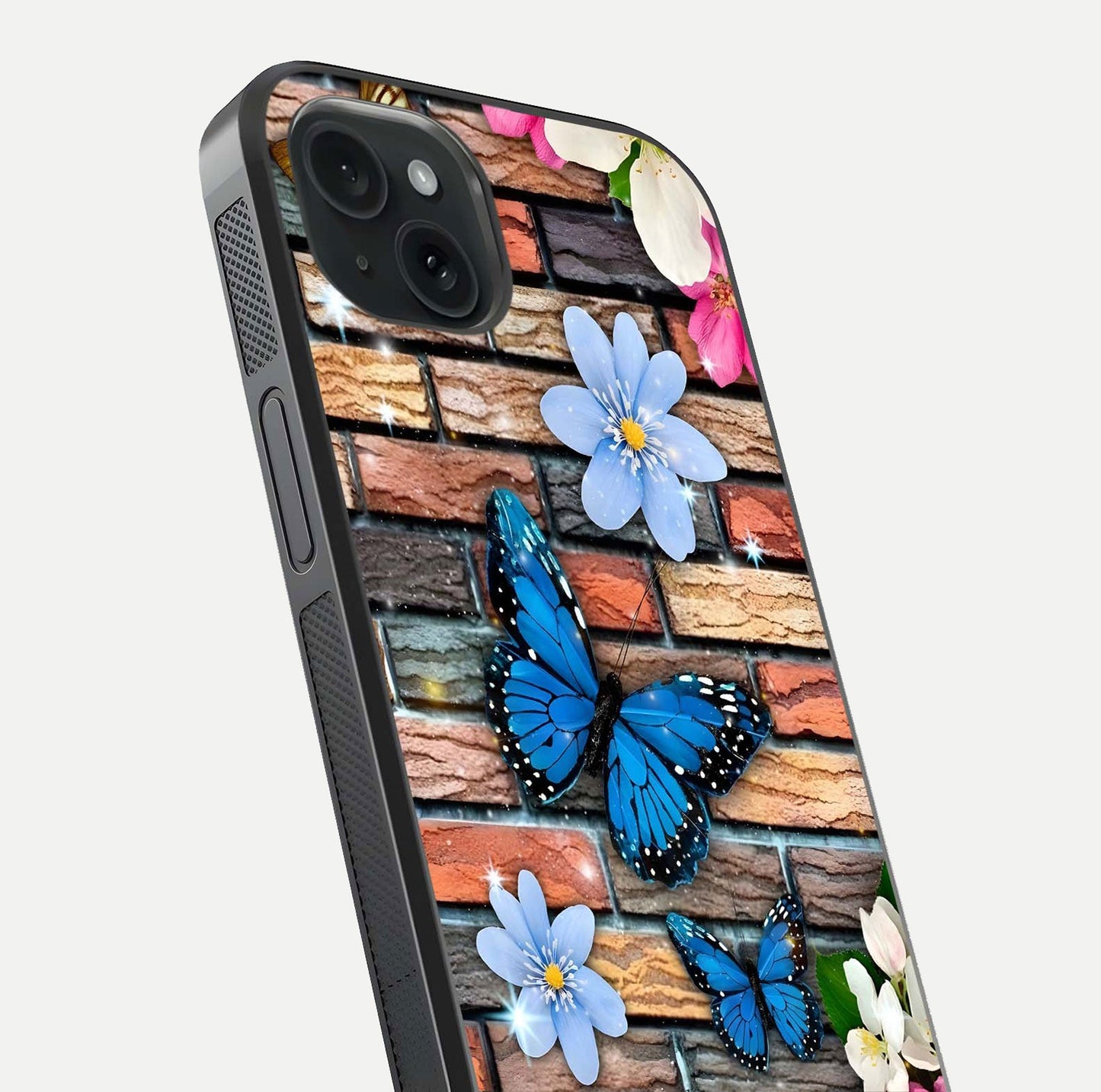 Brick Bloom Flight Glass Case for iPhone 15 Plus close-up angle highlighting flower clusters and reflection detail