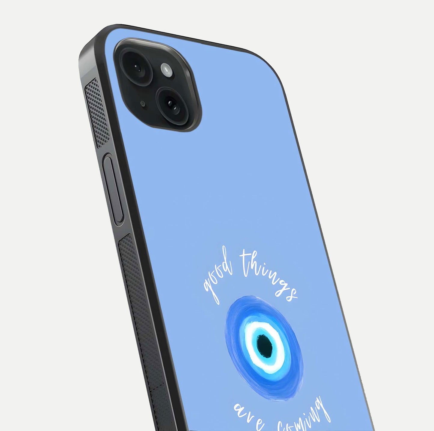 Bright Future Ahead Glass Case for iPhone 15 Plus close-up image highlighting bold quote text and HD reflection