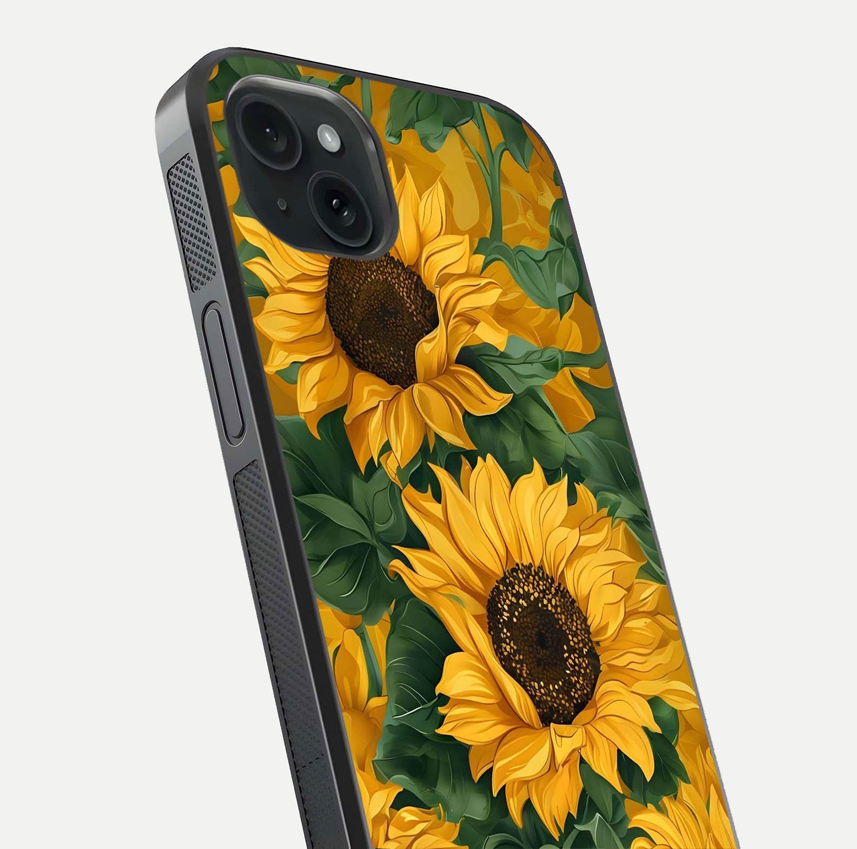 Bright Sunflower Bloom Glass Case for iPhone 15 Plus close-up image highlighting yellow petal detail and HD reflection