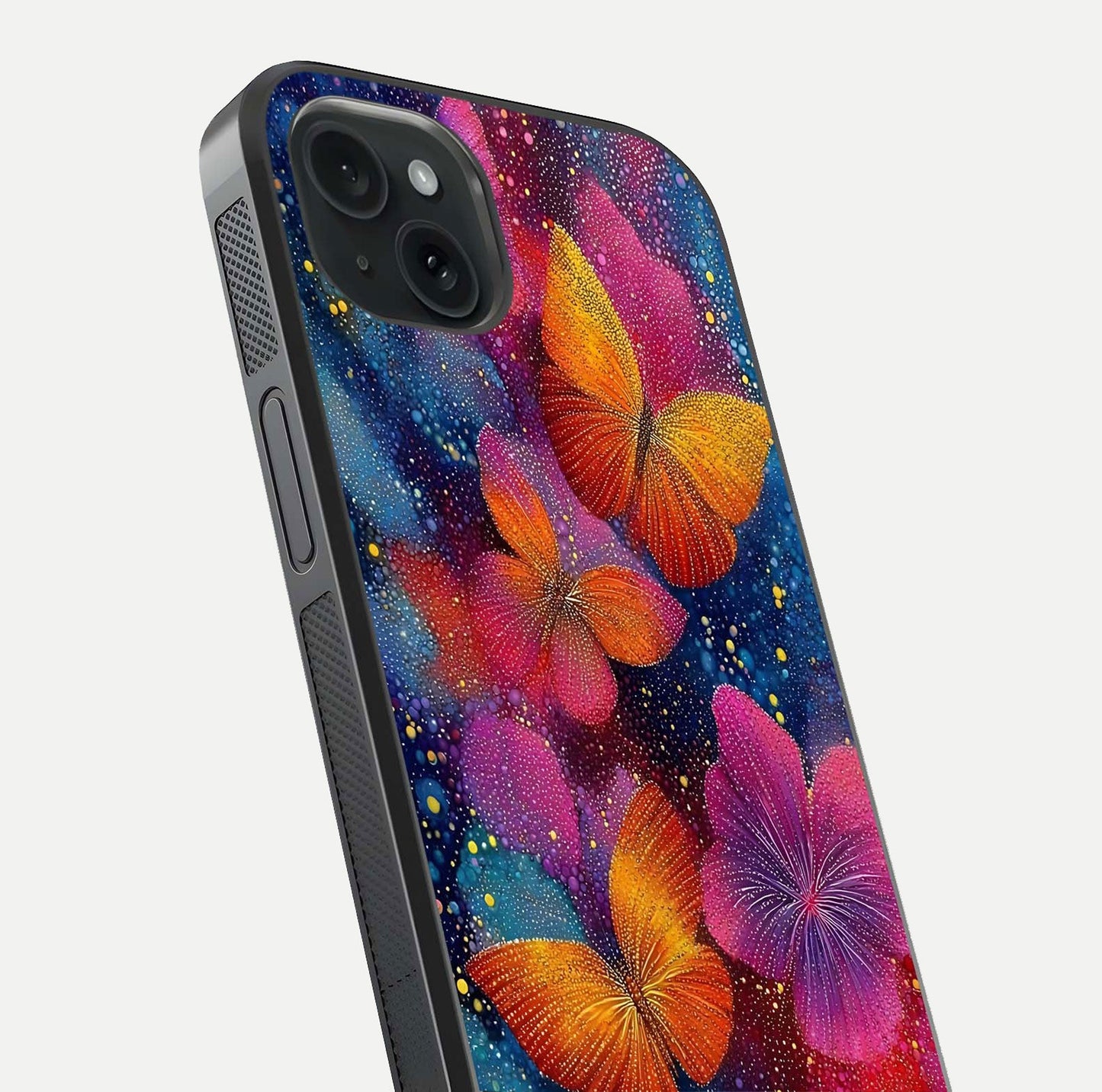 Butterfly Dream Mist Glass Case for iPhone 15 Plus close-up capturing wing pattern detail and glossy finish texture