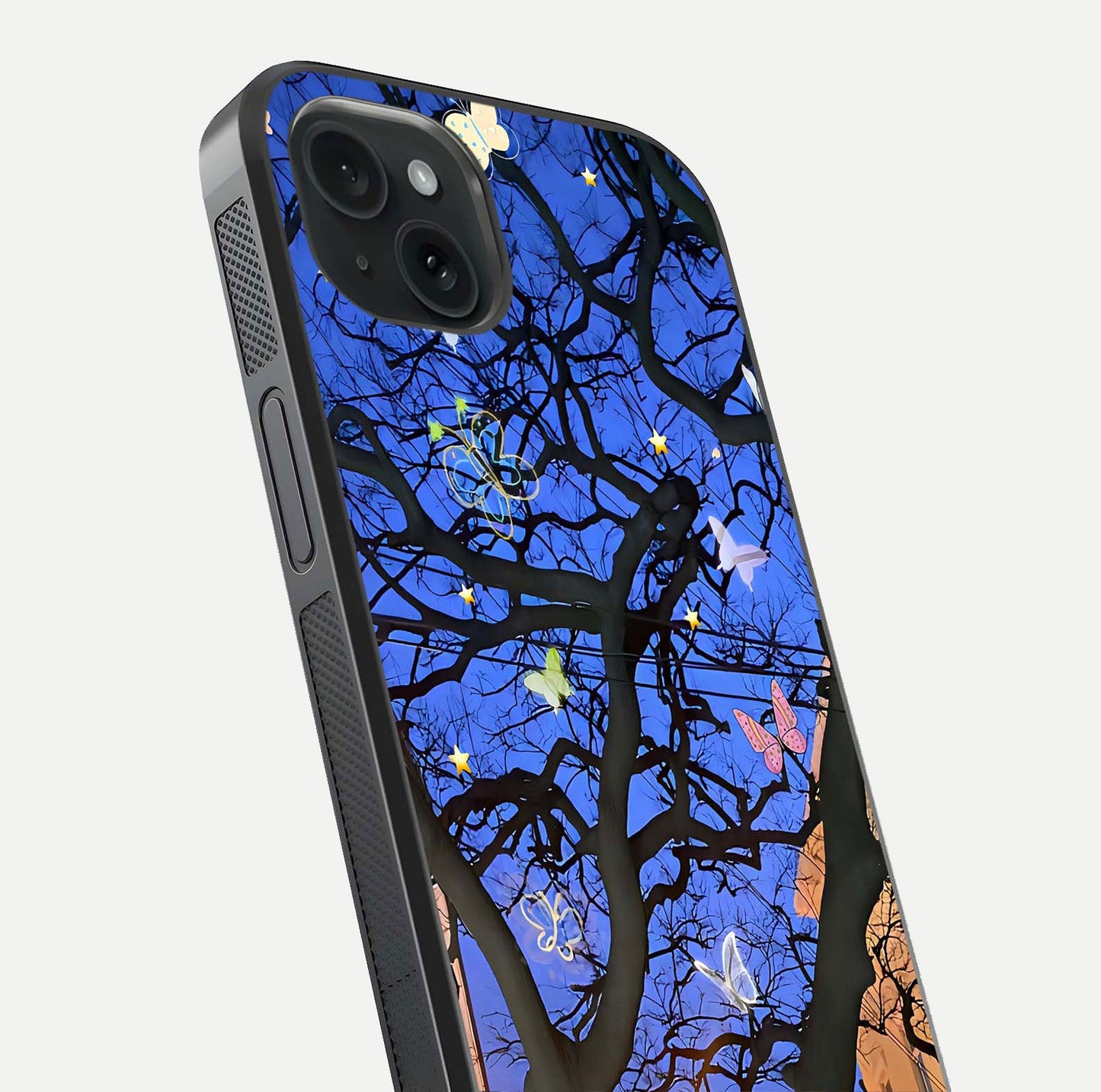 Butterfly Night Magic Glass Case for iPhone 15 Plus close-up highlighting wings reflection and gloss shimmer