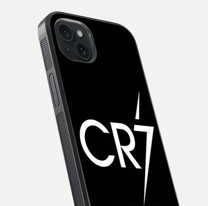 CR7 Elite Strike Glass Case for iPhone 15 Plus close-up highlighting CR7 artwork and shine reflection