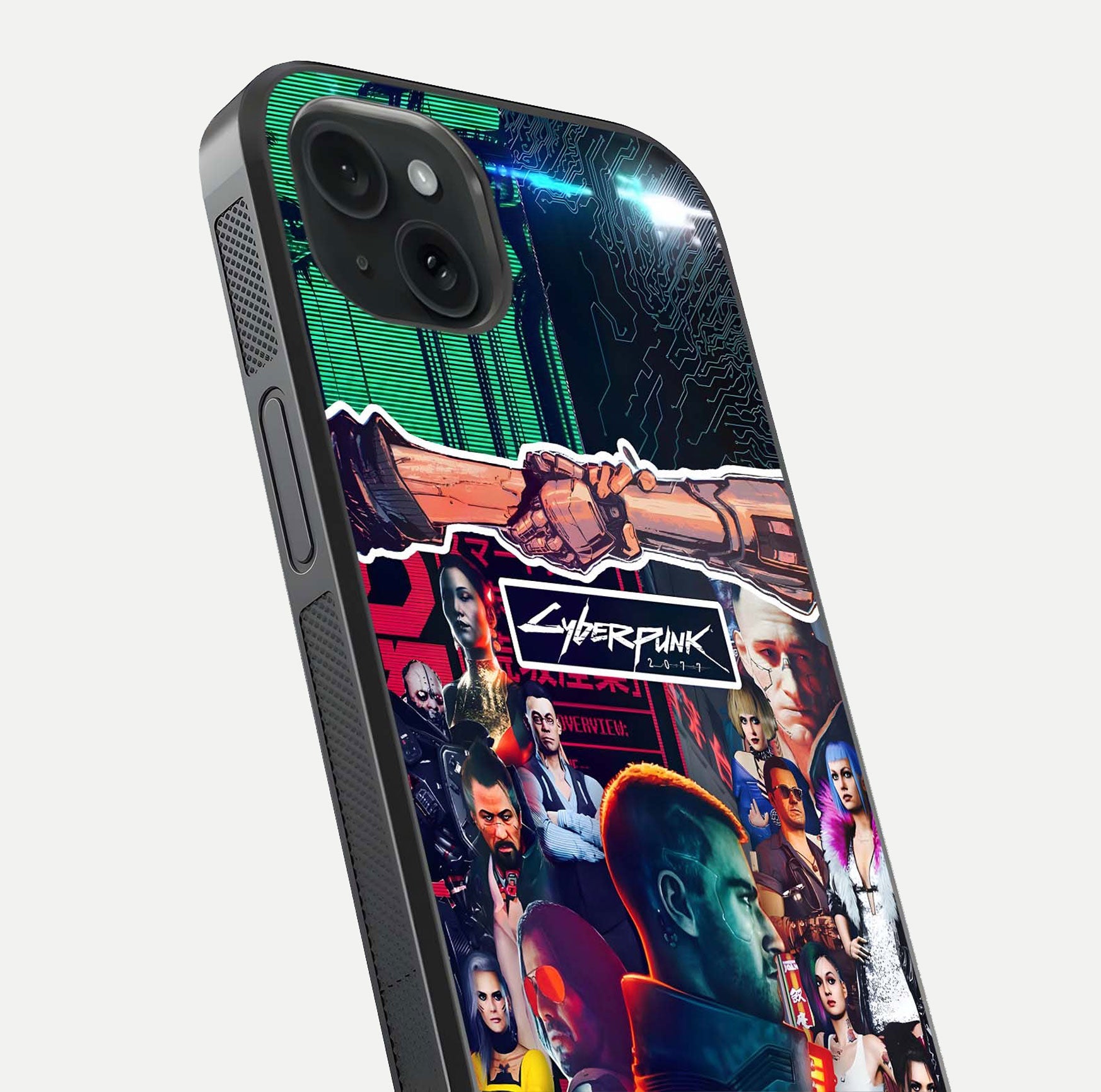 CYBERPUNK Legacy Glass Case for iPhone 15 Plus close-up highlighting circuit texture and reflection tone