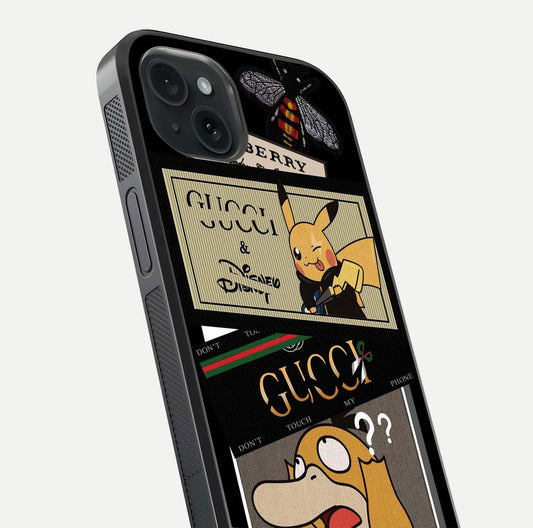 Cartoon Brand Play Mashup Glass Case for iPhone 15 Plus close-up angled shot showing character details and vibrant tones