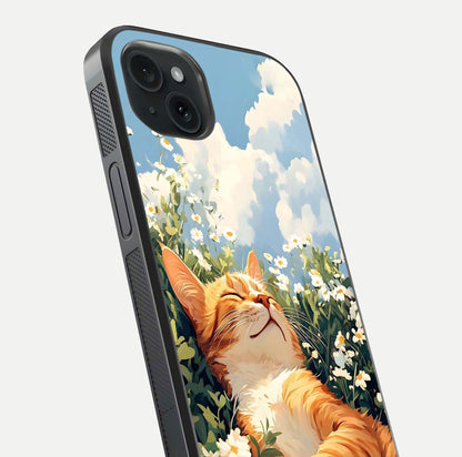 Cat & Flowers View Glass Case for iPhone 15 Plus close-up view highlighting cat expression and petal detail